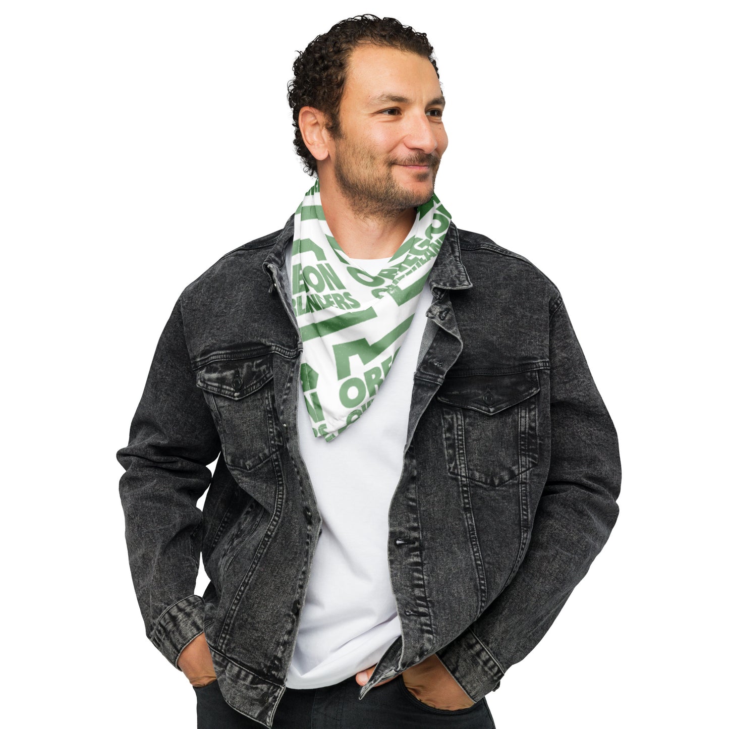 Green and white Oregon Overlanders bandana on male model